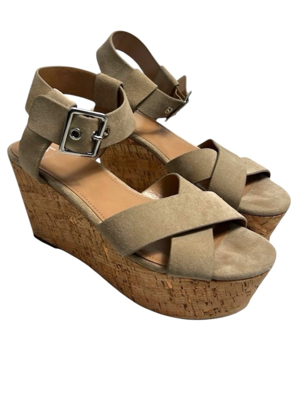 Marc Fisher MLCACIE Tan Suede Cork Platform Wedges Sandals 8M